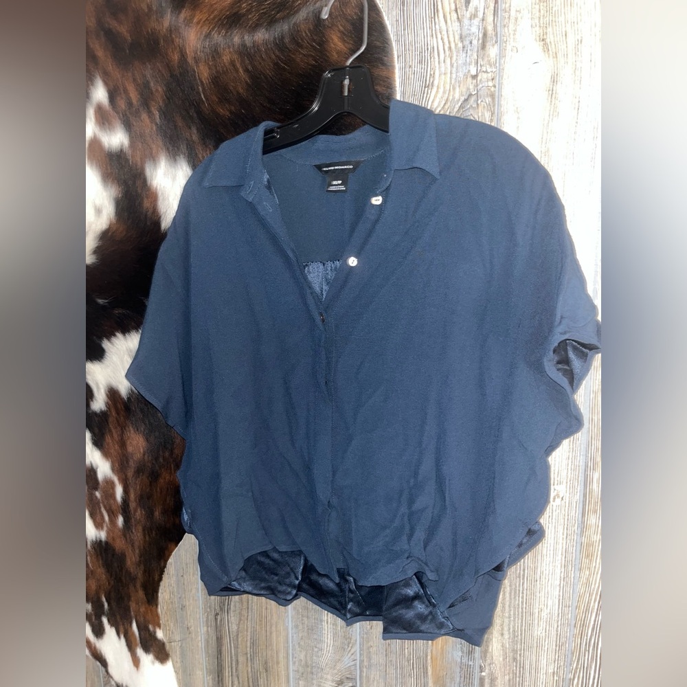 Club Monaco size XS oversized crop fit short sleeve navy blue blouse - Picture 2 of 4